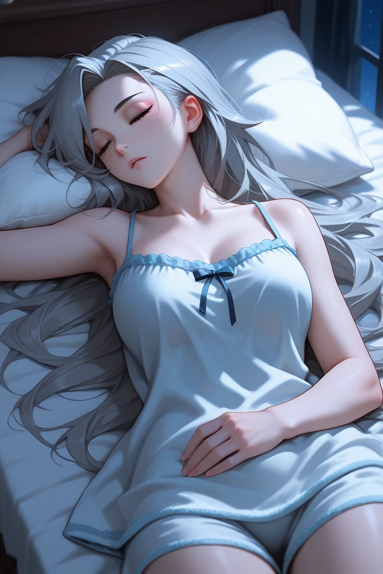 (masterpiece, best quality), photorealistic, cinematic, anime girl, 1 girl, ((wide shot:1.5)), head to toe visibility, perfect anatomy, curvaceous body, alluring, perfect eyes, ((lips slightly parted:1.5)), perfect hands, large breasts, round ass, long round legs, in peaceful slumber, ((the woman with silver hair sleeps serenely:1.5)), ((textured Pixie cut haircut:1.5)), ((her hair cascades over the pillow:1.5)), ((her nightwear is a night shorts with a tank top)), (((hugging a pillow between legs:1.2))), her blanket echoes the calmness of the ocean, a soft aqua color with a delicate pattern resembling ripples on water, cradling her in a sea of dreams, extremely detailed Artgem, ig model, artgem, alena aenami and artgem, krenz cushart and artgem, artgem and atey ghailan