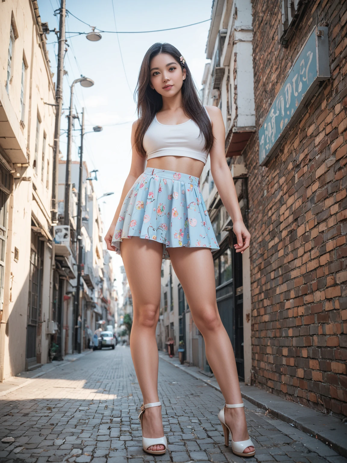 (Canon RF85mmf/1.2,masterpiece,Highest quality,Ultra-high resolution)((美しい太めのムチムチした太めの女性20-year-oldソロ)) ((Highest quality、8K、masterpiece))((Photogenic quality:1.5))A plump, chubby, super busty body、((Plump round face))Highly detailed CG Unity 8k wallpaper, Highest quality, Super detailed, masterpiece, Realistic, photo Realistic, Highly detailed cute girl, 20-year-old, (Skirt flip), ((A full-body shot of her miniskirt flipped up by a strong wind, revealing her cute panties:1.5))Panty Focus, Blushed expression, View your viewers , Plump thighs、 T-Shirts , On an empty street , Straight Hair、