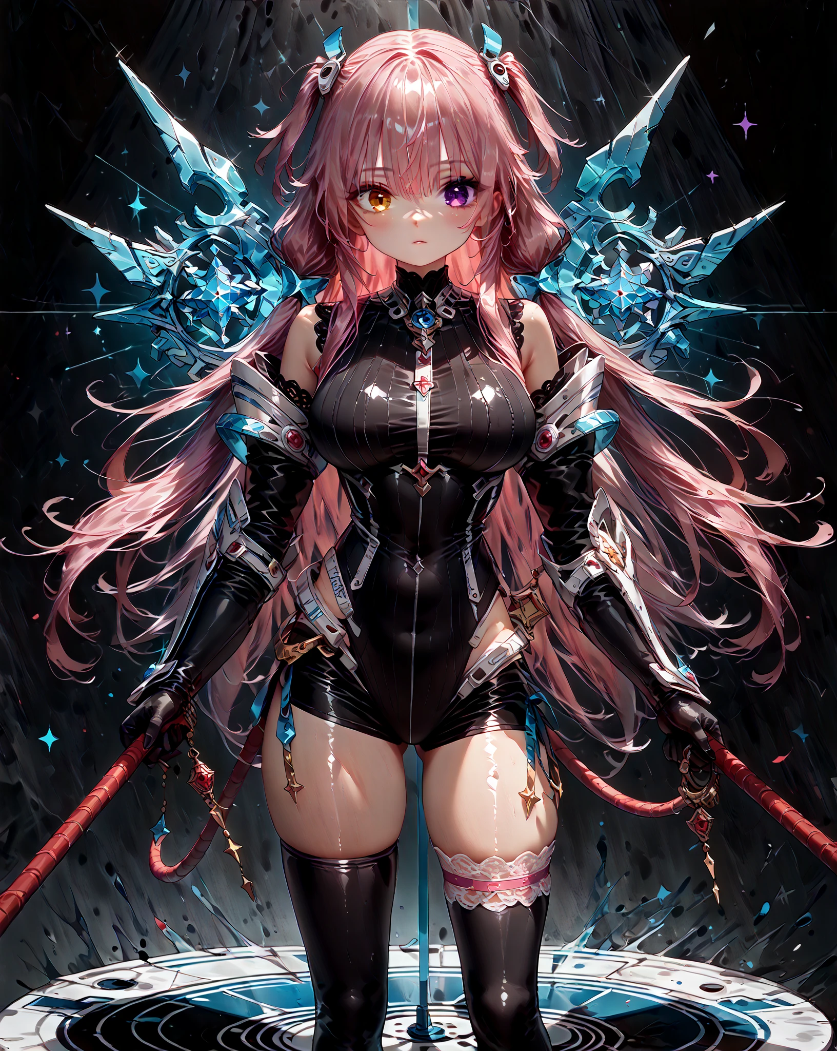 ((Masterpiece))) Full Body, Full Body Shot (One Girl) ((Pink Hair, Long Hair, Straight Hair, Both Sides Up))), ((Green Eyes))), Eyeshadow, Eyeliner, Glow Eye, Hyper Detail Eye, Complex Eyes, Beautiful Eyes, Detailed Eyes, (((Star-shaped pupils, glowing pink pupils))) 18 year old girls. Huge cool sword machine in hand (wearing a transparent jacket made of PVC material)) huge cool sword machine, mech, mechanism, machine, open stance, coalescing