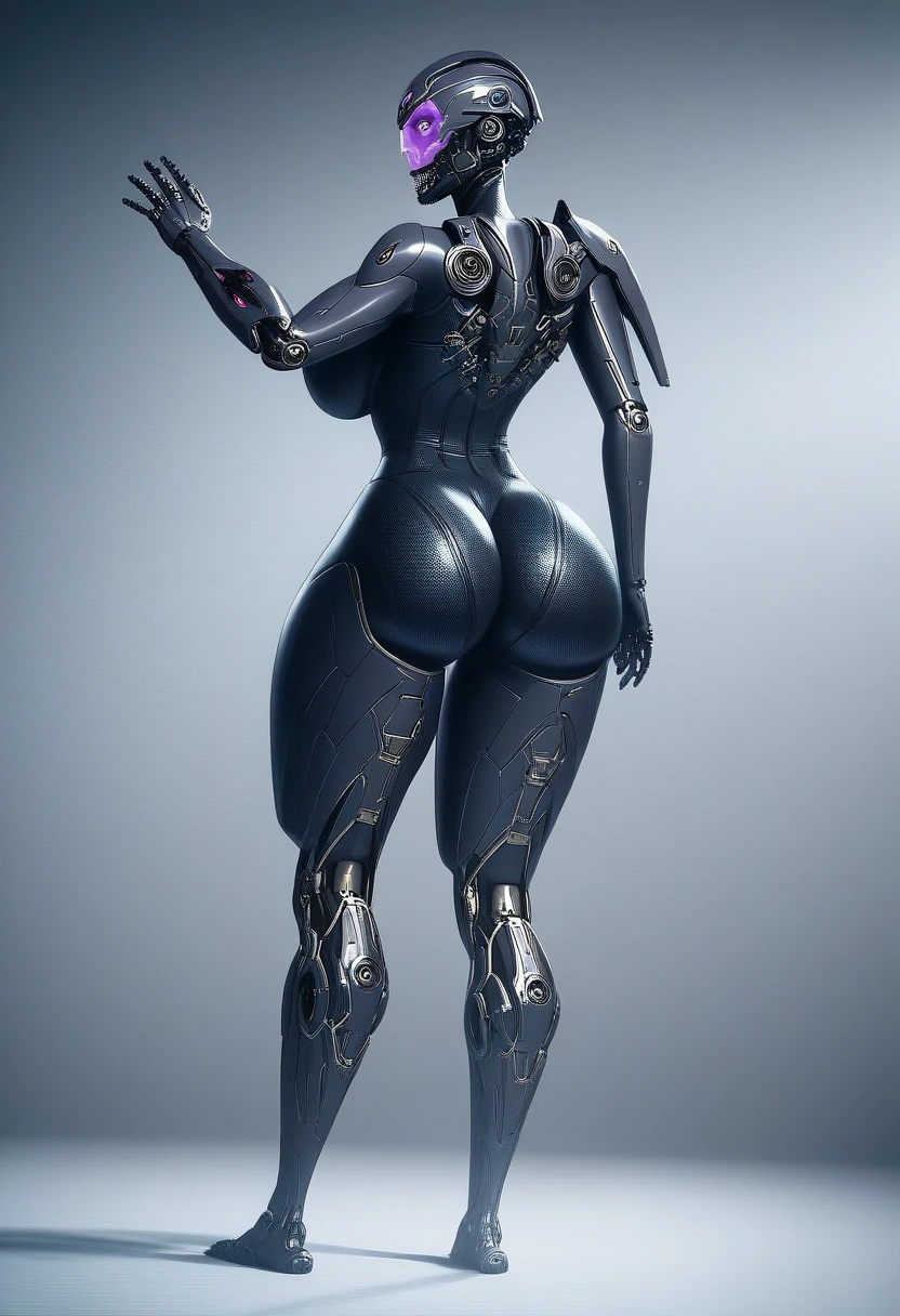 best quality, (ultra high res), 1girl, faceless, wide hips, narrow waist, covered nipples, solo, cyborgirl, cowboy shot, spaceship, chubby female, thick body, round butt, navel, (wearing cyber bodysuit, cyber Helmet, detailed visor), covered body, full body portrait, high heels, stand on tiptoes, standing with legs apart, (simple gray background), cyber heels, ((dynamic pose)), ((fullbody view)), (cinematic lighting)@waifuista