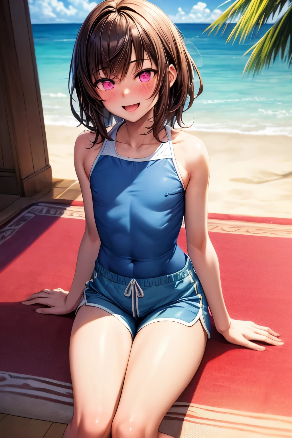 highest quality、Realistic、zoom、14 years old、Chestnut Hair、Blue Eyes、Short Hair、One piece swimsuit、Sunburned、Tan、Brown Skin、Sweat、smile、、Ocean、Plump、Full Body、