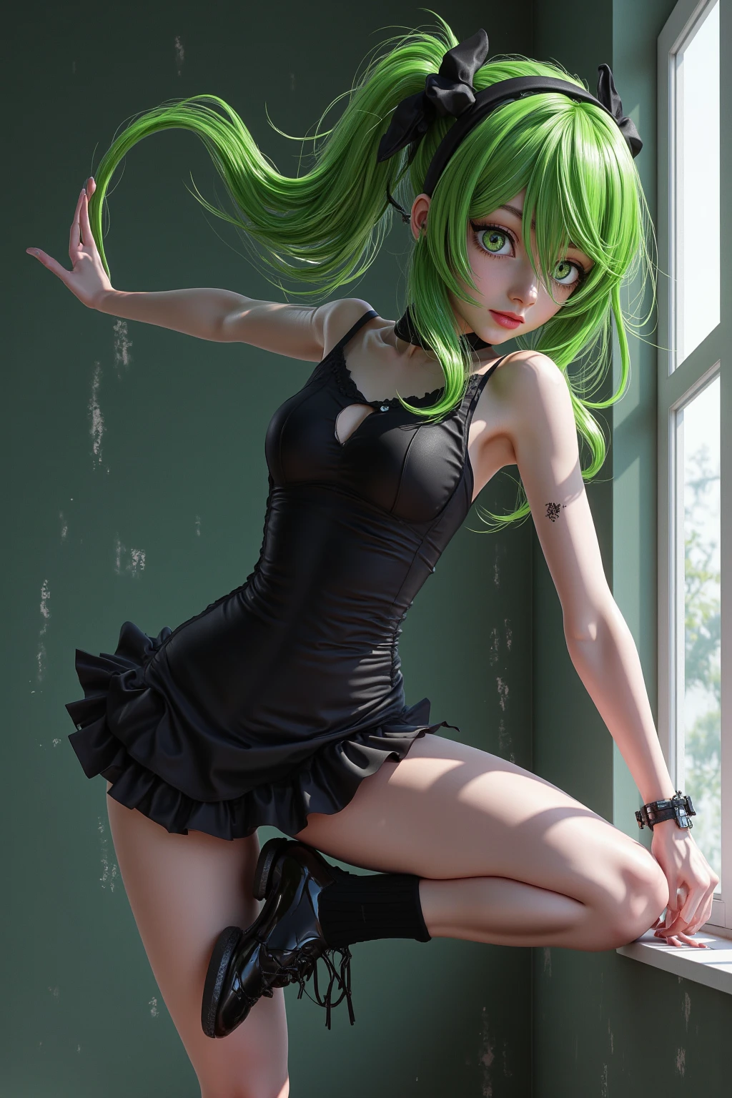 （squatting on the ground），black lence stockings，is shy，Busty young woman，high qulity，illustrious，Lingerie transparent，Bigboobs，Armpit hairy，Armpits，urinating，leaked pee