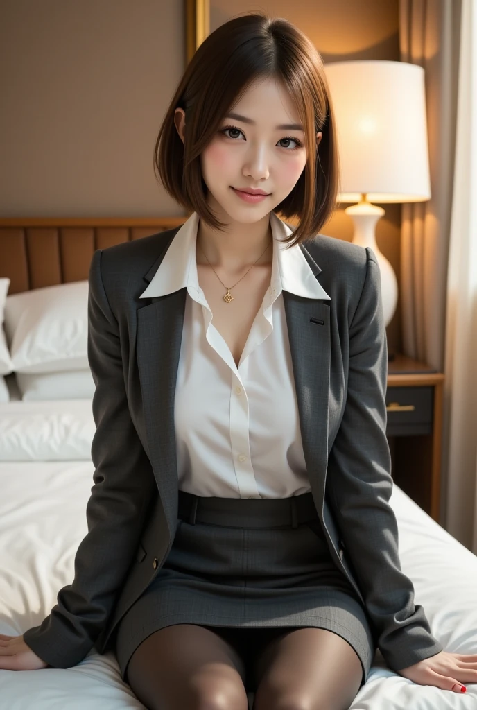 (masterpiece:1.2,8k, raw photo, ultra quality), absurdres, (photo realistic:2), high detail raw color photo,skiny skin, professional photograph,((best quality))、(bare legs:1.2), (navel baring:1.1), A very beautiful Japanese office lady、business suit、Medium skirt,Watch the audience、pointing、upskirt、Panty peeking、White panties、lace-trimmed panties、smile、(View your viewers)、short hair、white background、Sit on a bench、Flash photography、skirt lift、panty peek
