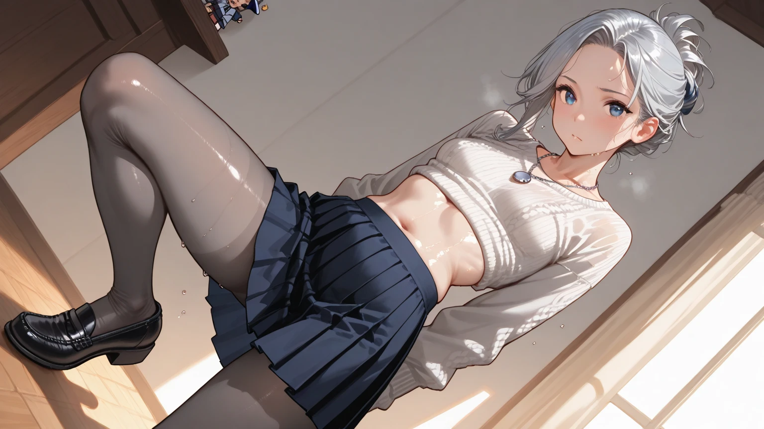 creates an anime girl lifting her skirt in white underwear 25 years old in a luxurious room landscape