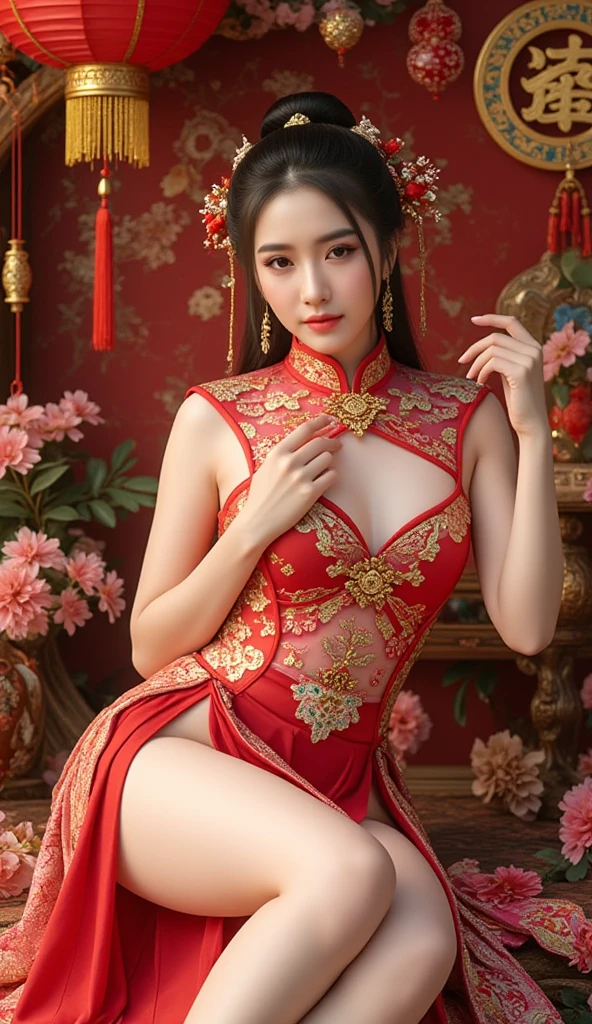 High quality, 15K, HDR), Beautiful Sexy Girl,bouquet red roses of flowers in hand,very bad image negative_v1.3,(huge breasts:1.1),red lips, glowing skin,big her curves,glamorous model,((A beautiful woman red dress near a body of water, chinese dress, gorgeous chinese model, wearing a red cheongsam, chinese style, sexy dress, wearing an elegant dress, cheongsam, wearing red dress, sexy red dress, chinese girl, wearing a red dress, beautiful silky dress, wearing a wonderful dress, traditional chinese,wedding dress)),(((Perfect female body, Willow waist))),hide five , best quality,glamorous model with (detailed eyes, detailed lips, extremely detailed eyes),Brunette Bob Hair,beautiful detailed eyes, hazel eyes, {{{{{sharp focus}}}}},Wearing a single red rose around the neck of a necklace,Wearing red and black lace dress,high-heels,blue eyes,(((Full body))))((anatomy correct)),Gorgeous and intricate lady style,