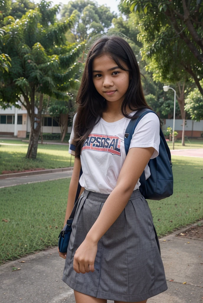 A teen girl with Indonesia face, approximately 16 years old. The girl can be seen in the process of peeing. Standing. Wet patch. Incontinence (urination:1.5) (peeing in skirt) (facw view to camera)