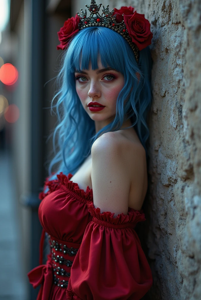 Extremely specific 4K photography of a woman with Chanel blue hair, black eyes, seductive gaze and soft smile, red lipstick on her lips, golden accessories, wearing a long red dress at horror park, halloween