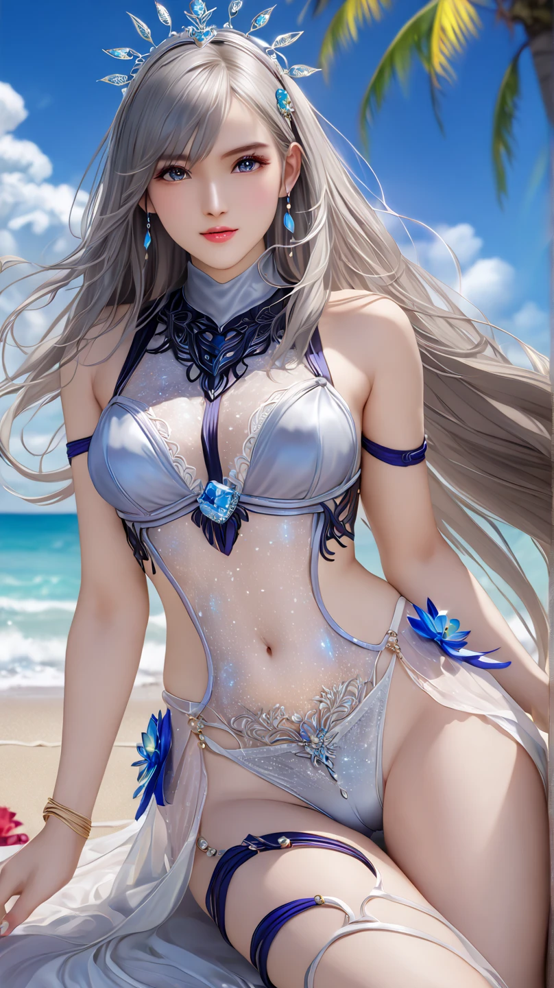 A flawless girl wearing a white tulle moonlight with perfect body proportions,Girls wear precious metal jewelry,moist skin dream background,The starry sky is the background, white stockings look at you tenderly