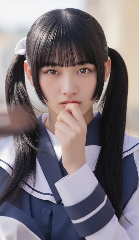 High school students、(((17 age)))、Full body like、Panchira、(((Small bust))) 、Hair is black、(((Twintail、plait)))、(((a sailor suit)))、((Ultra mini skirt))、Various expressions、(masterpiece), (超A high resolution),、(very intricate), (Exquisitely detailed), (1/800s, ISO 100, Photorealsitic)、(top-quality、masterpiece:1.2)、de pele branca、女の子1人、japanes、profetional lighting、Red Rouge