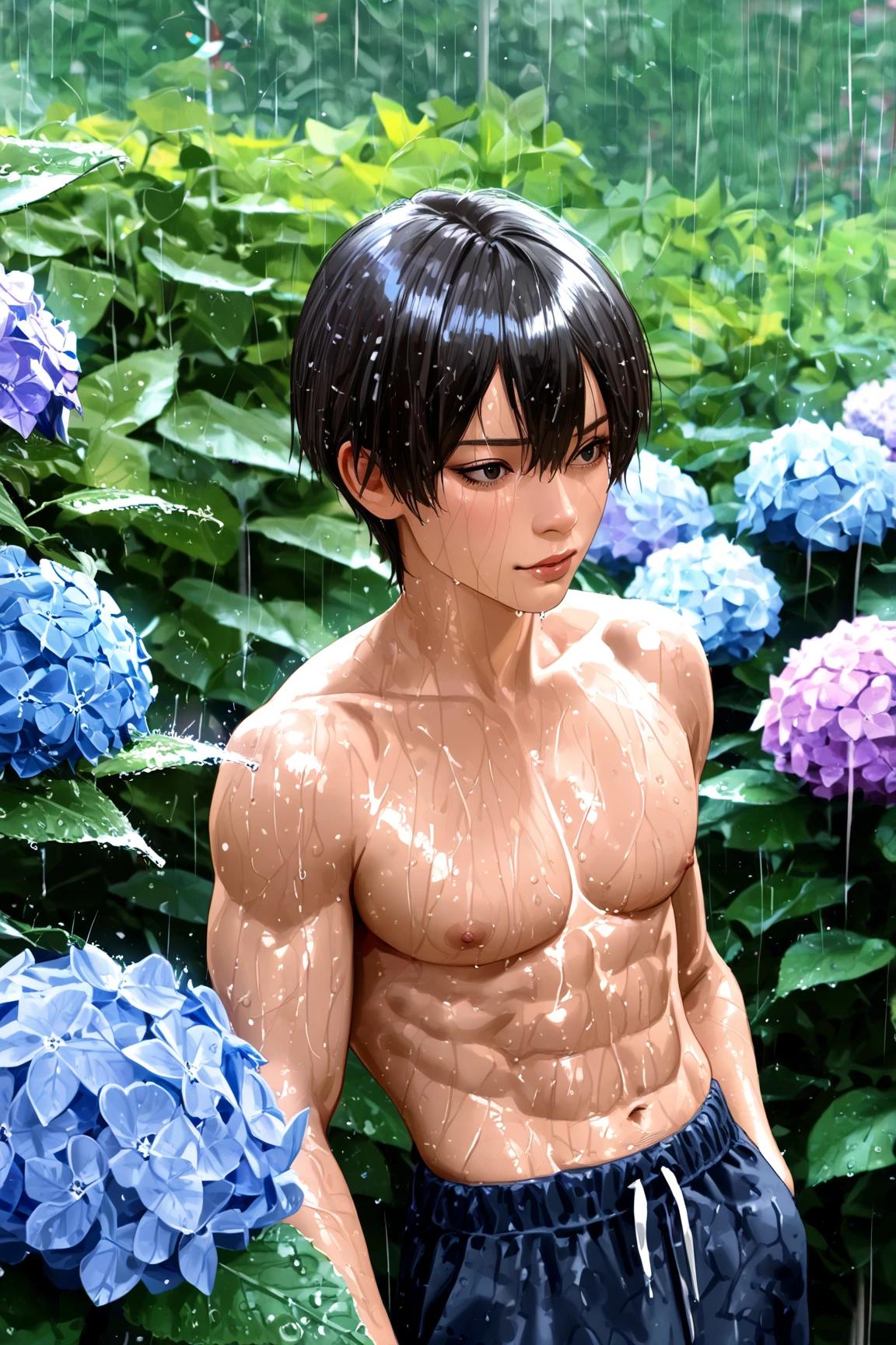 high quality, detailed, (16 years old japanese idol boy), (detailed black eyes), (black short hair), (abs:1.5), (shiny skin), black briefs,(bulge),(detailed nipples), yard, Morning glory,