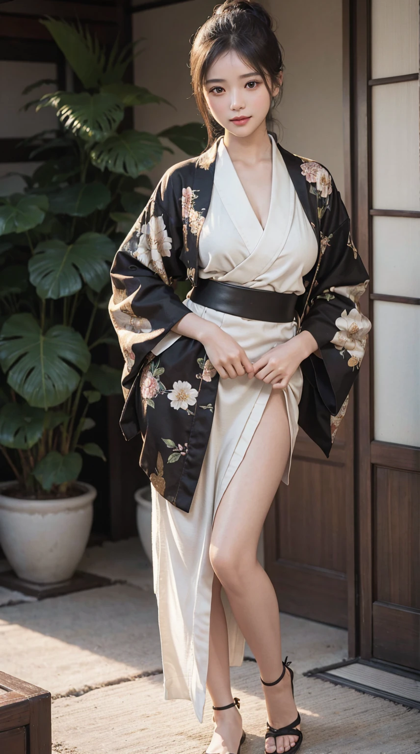 Masterpiece, best quality, highlight, 1 girl yomi, blonde black chest cover kimono, smiling, standing, hands on his chest