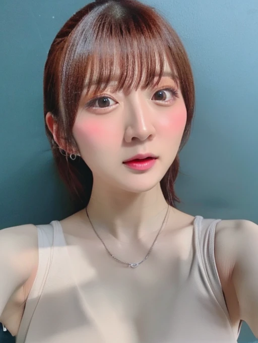 Realistic、(masterpiece、Highest quality、Highest quality、Official Art、beautifully、aesthetic:1.2)、Symmetrical face，Very detailed、woman，short hair，日本人woman，colorful、The finest details、Tangled、(The background is bright and abstract:1.5)、Bright Eyes、Back to all、Masseter region，High resolution，Idol、clavicle、photograph、movie、Eyes from below，Long Hair，View your audience、Cleavage，((Sexy clothes:1.1))，Puffy eyes，((sit))