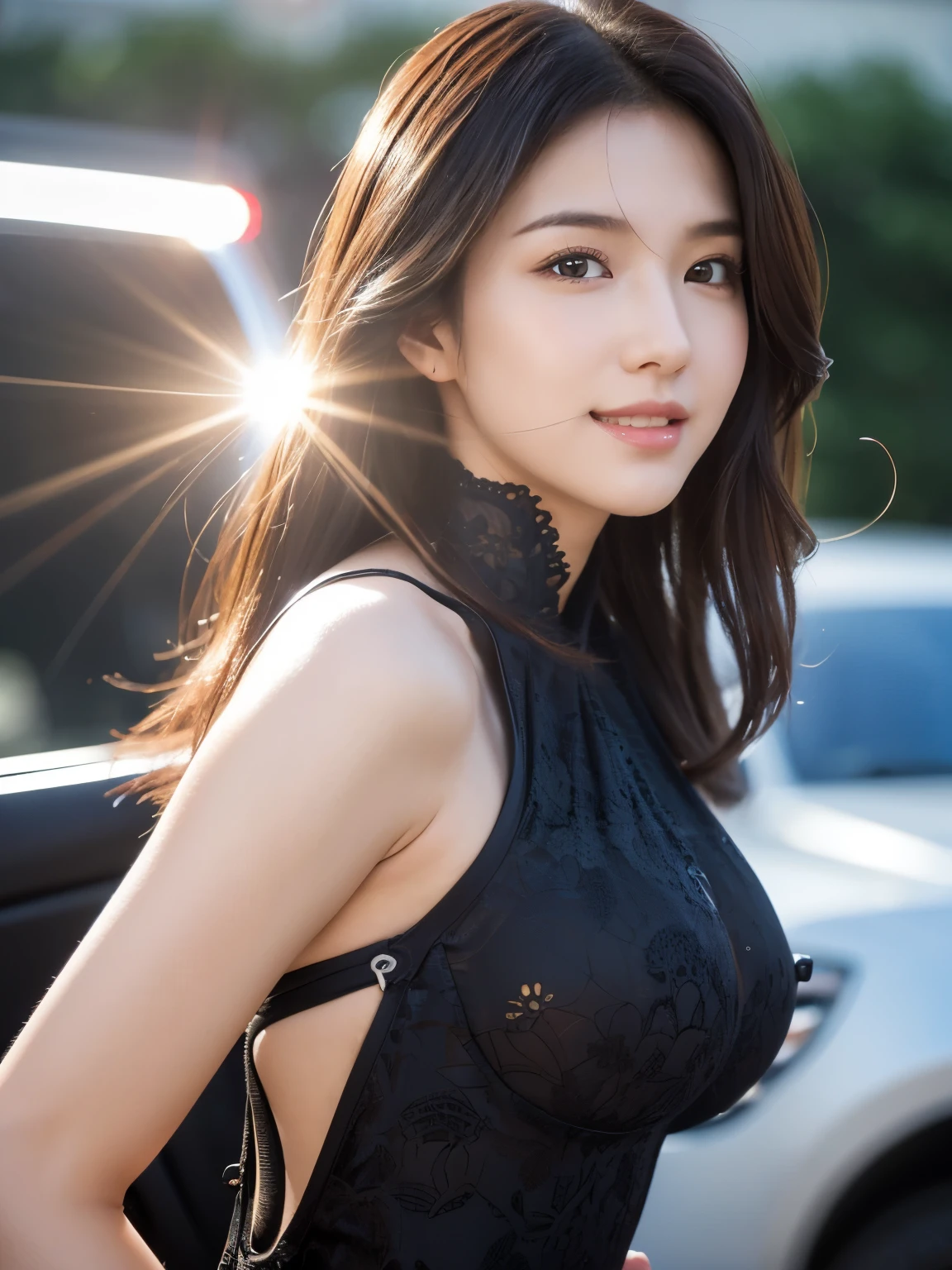 Highly detailed CG Unity 8K wallpaper, highest quality, Super detailed, masterpiece, realistic, photo realistic, Highly detailed cute girl, 25 years old, (whole bodyからつま先まで:1.4)、(whole body)、(whole body to toes)、(shot from the side)、(sitting on the hood of a car)、(lace queen)、(sexy pose）,(model pose)、(middle chest)、(Middle butt)、(Smiling at the camera)、
(Sponsored and wearing grid girl costume&#39;logo is printed.:1.3), (shorts) , (sitting in a motorsport race),   (cleavage), smile ,whole bodyショット ,(Side view)、(side shot)、(smile at the camera)、