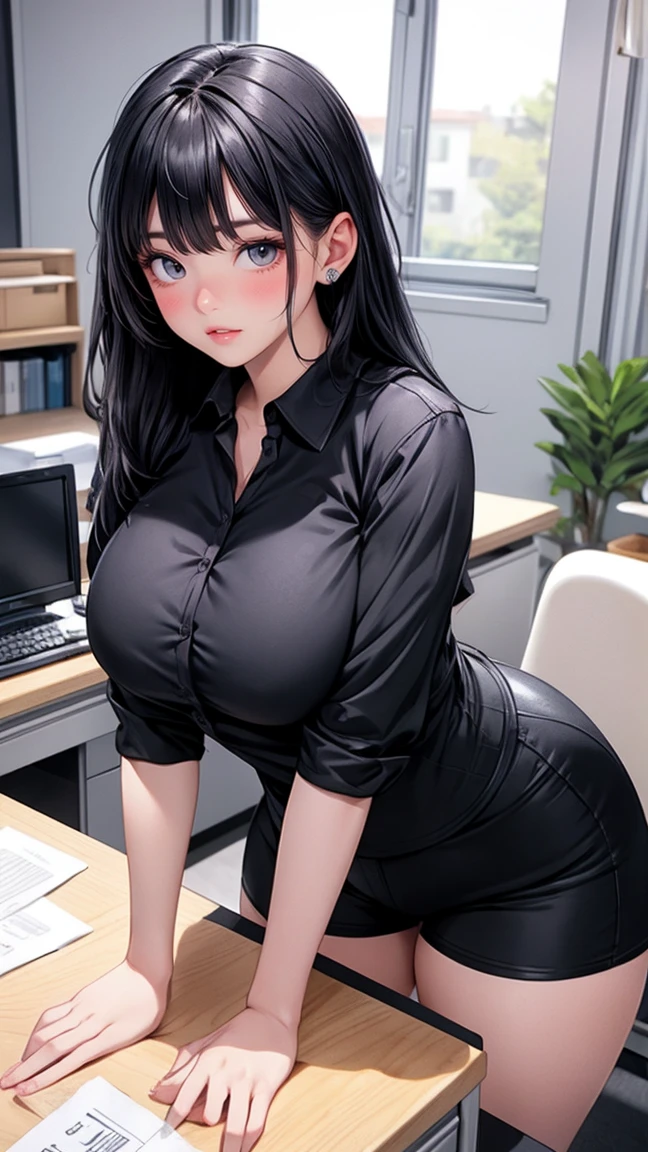 Officelady、Black suit top and bottom、White blouse、Black tights、High pumps with black heels、s Office、Sitting on a chair、lana、Beautiful woman、gazing at viewer、front facing、Looking here、hight resolution、top-quality、full body Esbian、animations、illustratio、 ultra-detailliert、Ultra-detailed delicacy