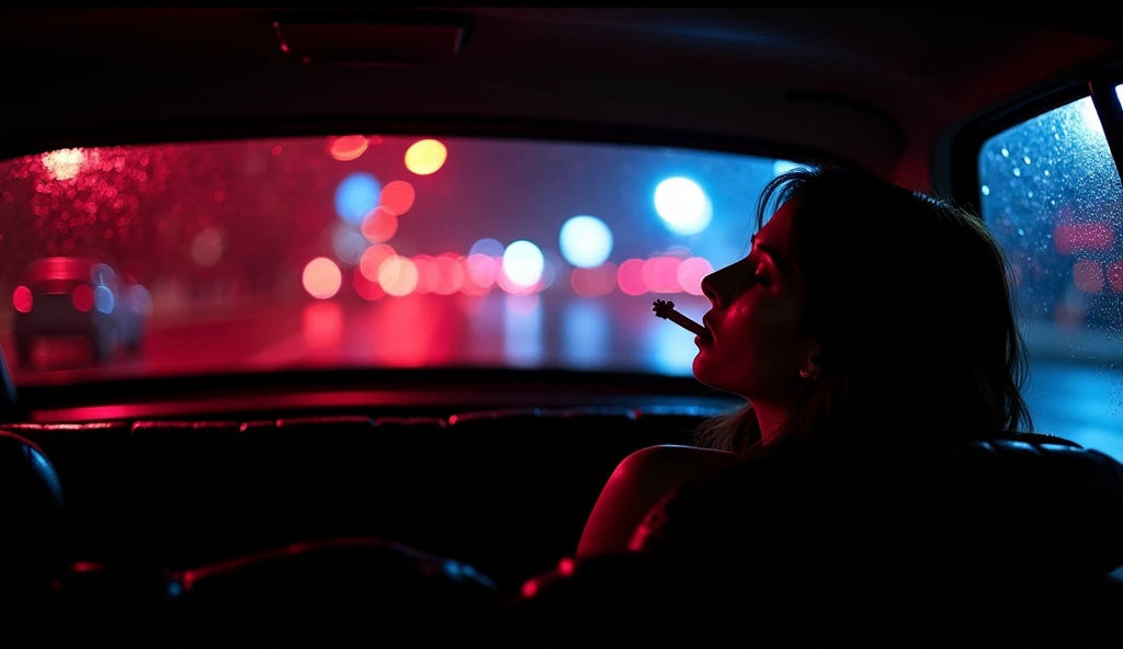 Frau mit Sonnenbrille sitzt in einem Auto mit einem Mann hinter ihr, gothic girl Rauchen, im Stil von Kar Wai Wong, Betreff Aktion: Rauchen a cigar, Rauchen, In ihrem Auto sitzen, Rauchen a cigarrette🚬, inspiriert von Cornelisz Hendriksz Vroom, mit Zigarre, while Rauchen a cigar, Fahren, Smoke behind the wheels