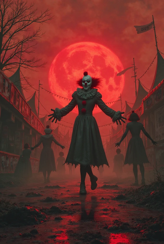 A sexy young male with glowing teal blue eyes and long black hair, with angelish and delicate facial features, he is a clown. Blood pouring down. Raining blood from the sky. Despair. (Male) masterpiece, best quality, ultra-detailed, best shadow), (detailed background), (beautifully detailed face), high contrast, hyper detail, intricate details. red sky. one red moon. corpses everywhere. (Gloomy effect) Dark. Black. Darkness. Dragging corpses. Red balloons. Blood. Crows. Sexy pose. Awesome lighting. Male. Dragging corpses to the camera and walking towards it. *****MAKE IT MALE*****