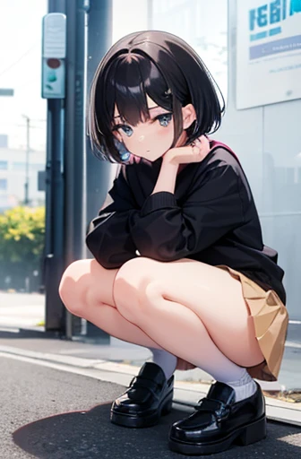Cute girl, dark green hair, yellow eyes, short hair, cat ears, cat tail, cat collar, sexy ,beautiful eyes,Cute pause, full body,Draw hands better, dark green hair, beautiful smile,, draw the hand well, Lifting her ass, Tongue outside the mouth, bad girl,going to school,school, School clothes, Skirt + hoodie, High quality drawing, She crawls on the ground like a cat and puts her hand near her mouth. There is nothing in the background, an empty background