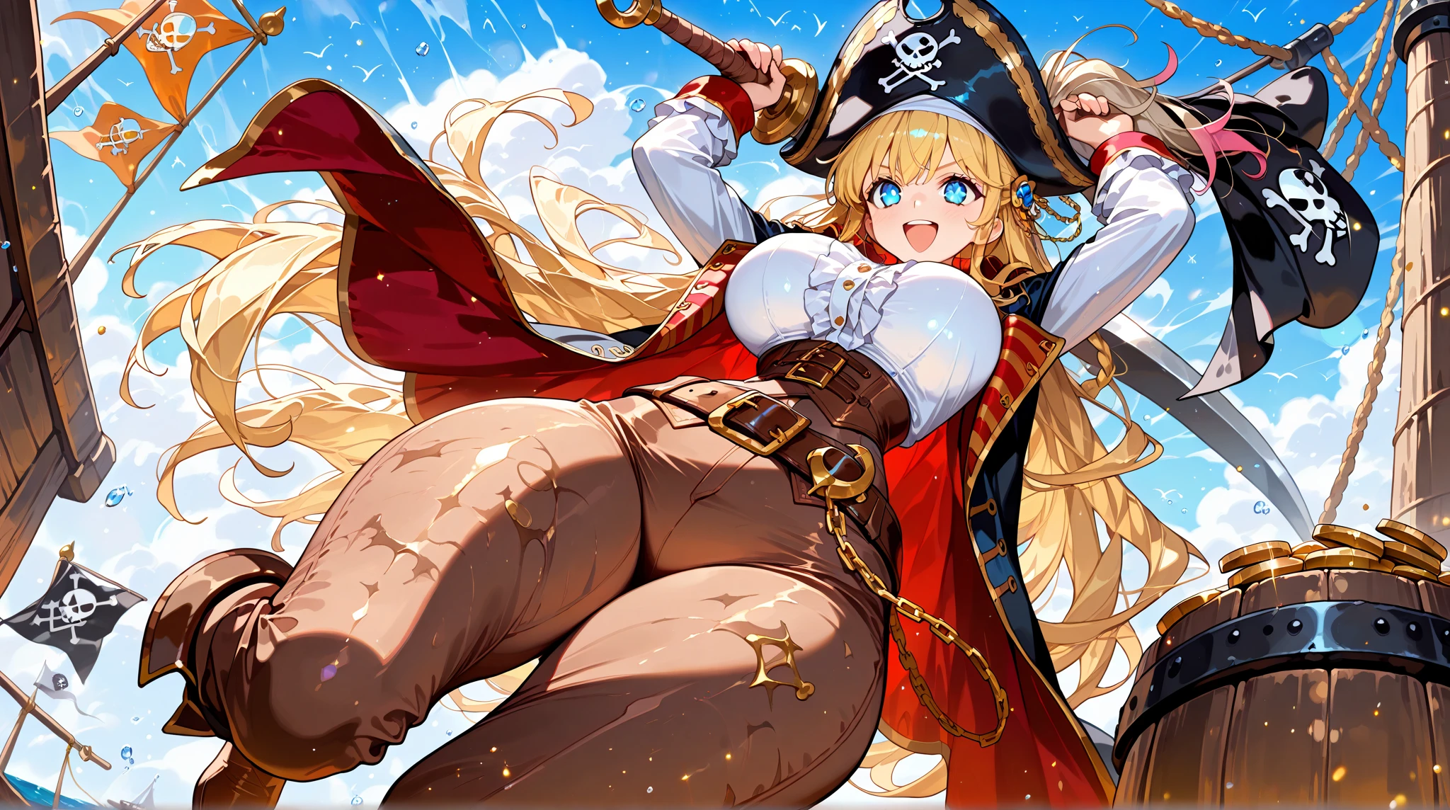 pirate captain outfit with pirate hat, red jacket with gold tassels, white frilly blouse, black pants, brown thigh high boots, eye patch, massive breasts, massive hips, massive thighs, massive calves, slender waist, hourglass figure, shiny black pantyhose, piloting a wooden ship, detailed eyes, leggings, 4K high resolution