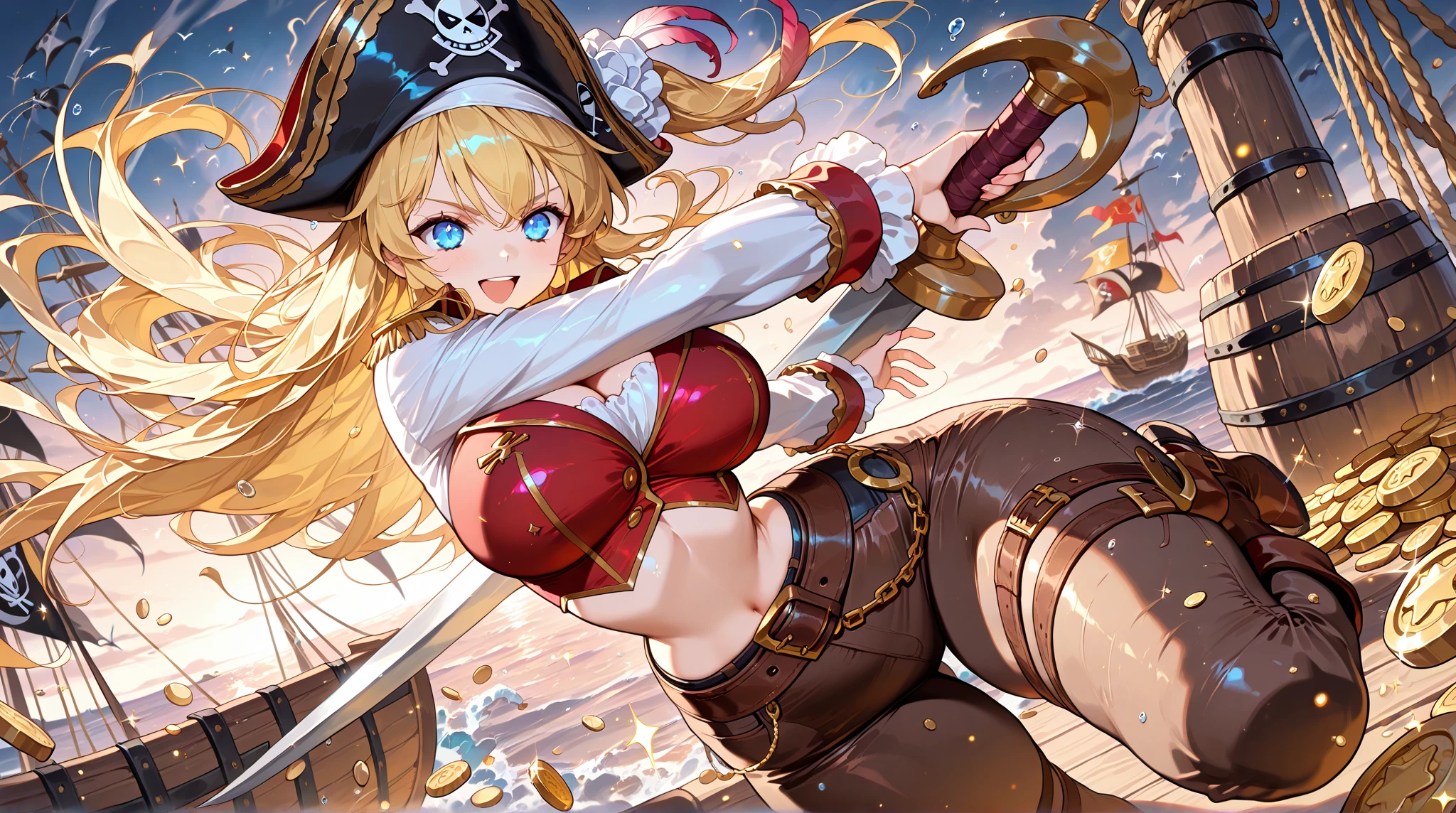 ((1 pirate woman, belt on breasts, panties with open zip, bare breasts, skull tattoo on face)),((medium breasts)),((very large pubic hair)),((large yellow hair)), ((blue eyes, smile)),((facing the viewer)),((on a pirate ship, at sea during the day)),