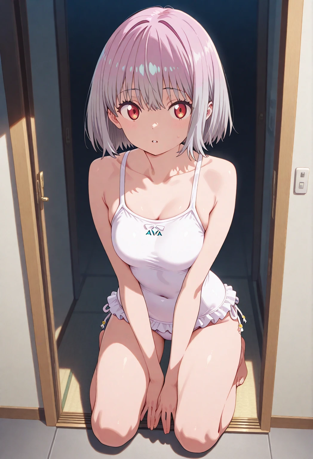 Masterpiece, Best quality,Cute and delicate face,Cinematic light,((1 mechanical girl)),full bodyesbian,wearing only his underwear,Detailed underwear,raise leg,opening legs,standing on your feet,tit,Super boob detail,Super belly detail,White color hair,red color eyes,(have to pee)