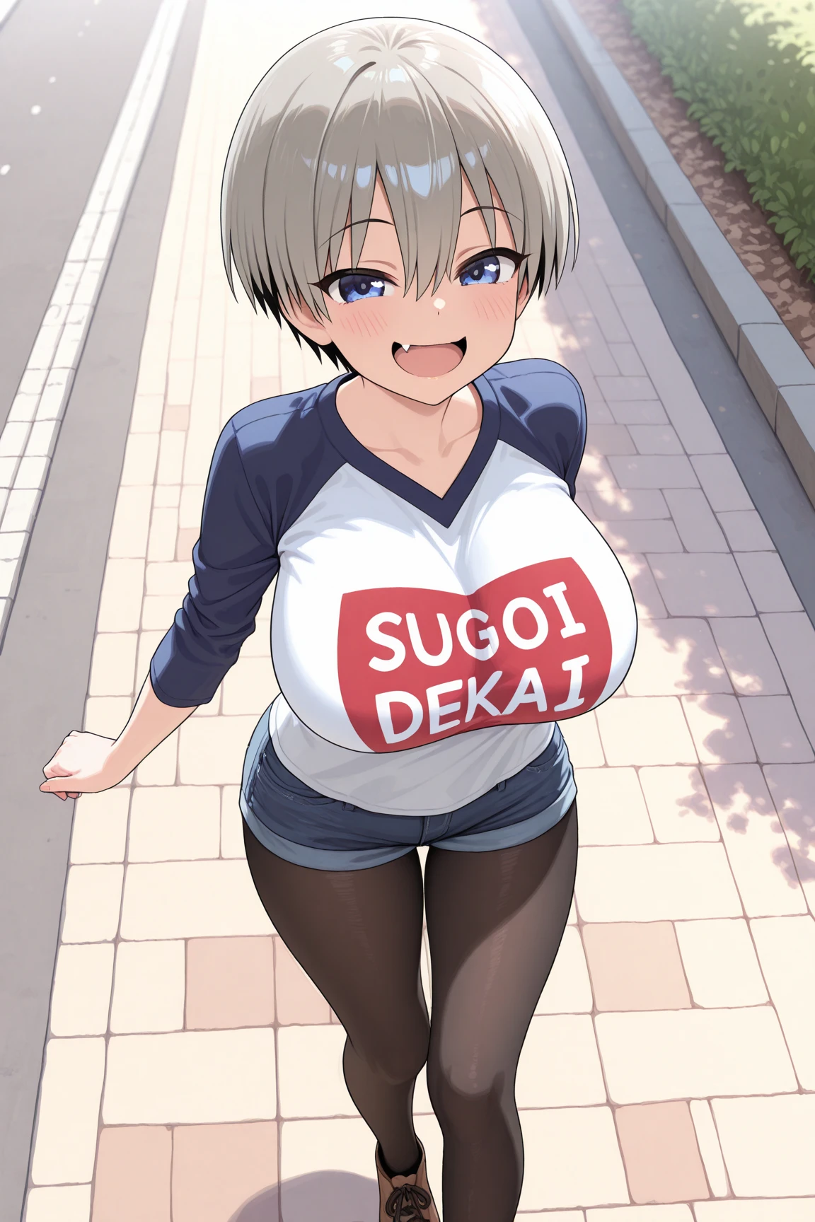 (best quality,4k,8k,highres,masterpiece:1.2), ultra-detailed, (realistic,photorealistic,photo-realistic:1.37), HDR, UHD, studio lighting, ultra-fine painting, sharp focus, physically-based rendering, extreme detail description, professional, vivid colors, bokeh, portraits, photography, (best quality,masterpiece:1.3), (mature woman, milf), (tall:1.2), anime, masterpiece, beautiful eyes, best quality, detailed face, 1girl, solo, beautiful, uh1, shirt, raglan sleeves, romaji text, clothes writing, long sleeves, denim shorts, pantyhose, fang, huge breasts, huge belly, bloated belly, stuffed belly, plump, chubby, curvy, chubby girl, belly, big belly, fat belly, 