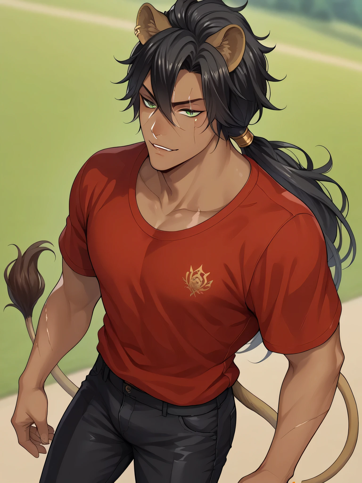 Anime man with thin black hair, green sharp eyes, emotionless and cold personality. Brown colored skin, tan skin, Has one orange highlight, solo, blurry background, angle view, long hair, low ponytail, red loose shirt, black pants, scar on lip, lion ears, animal ears, lion tail, animal tail