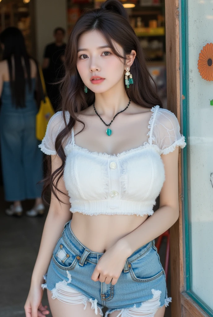 ((((absurdres, RAW photo, extremely delicate and beautiful, masterpiece, Best Quality, ultra high resolution, 32k, hyperrealistic, ultra-detailed)))), in her 20s, very Slim body, narrow waist, very small head, very small face, delicate facial features, beautiful face, beautiful eyes, ((((very huge round tits)))), medium hair, black hair, wavy hair, tearful mole, earring, ((((full body shot)))), casual, blouse, white shirt, buttoned shirt, bare shoulders, collarbone, midriff, shorts, outdoor,