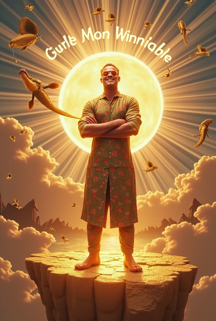 Create an image of a **beautiful Banana Man**, depicted as a human-like figure with the features of a banana. He has a glowing, golden-yellow complexion with a smooth, polished peel for skin, resembling armor. His face is warm and expressive, showing a humble yet proud smile. The Banana Man stands tall in a lush, mystical garden filled with vibrant, oversized fruits and plants. Surrounding him are ethereal, ghostly figures of his **ancestors**, who are also banana-like beings, softly glowing with a pale light. These ancestral spirits are hovering in the air around him, their hands raised in acknowledgment of his hard work and perseverance. The background is a twilight sky with stars beginning to twinkle, symbolizing the universe's admiration. The overall scene should feel both magical and triumphant, capturing the essence of respect and recognition.