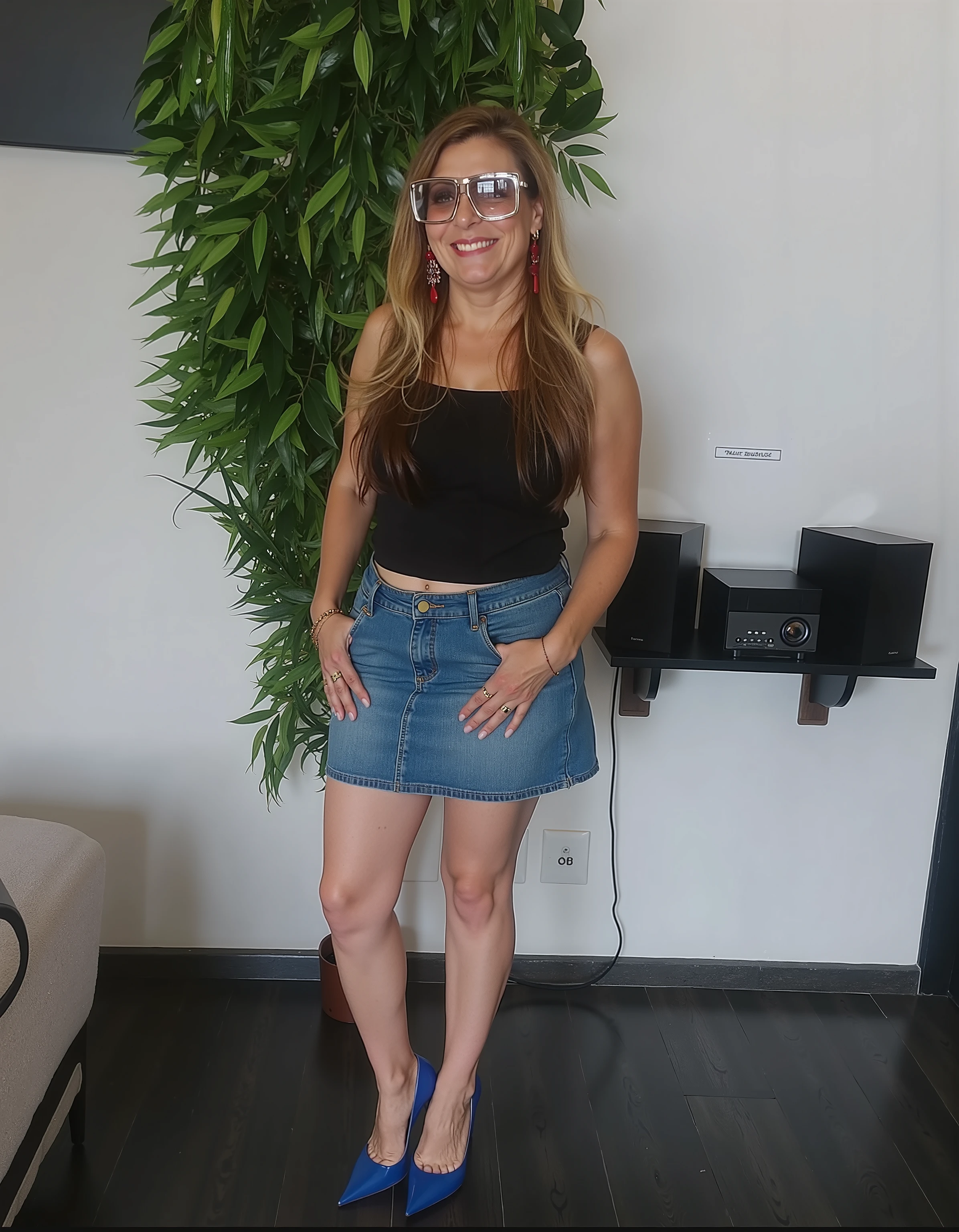 1 woman, straight brown hair parted to the side, black brown eyes, delicate face, thick, well-shaped lips with red lipstick and a beautiful smile, fair skin, a little overweight, wearing a blue dress that was full, put on in the background of the image an Ultra HD video recording studio |, master piece, best quality, Super Detail, ccurate