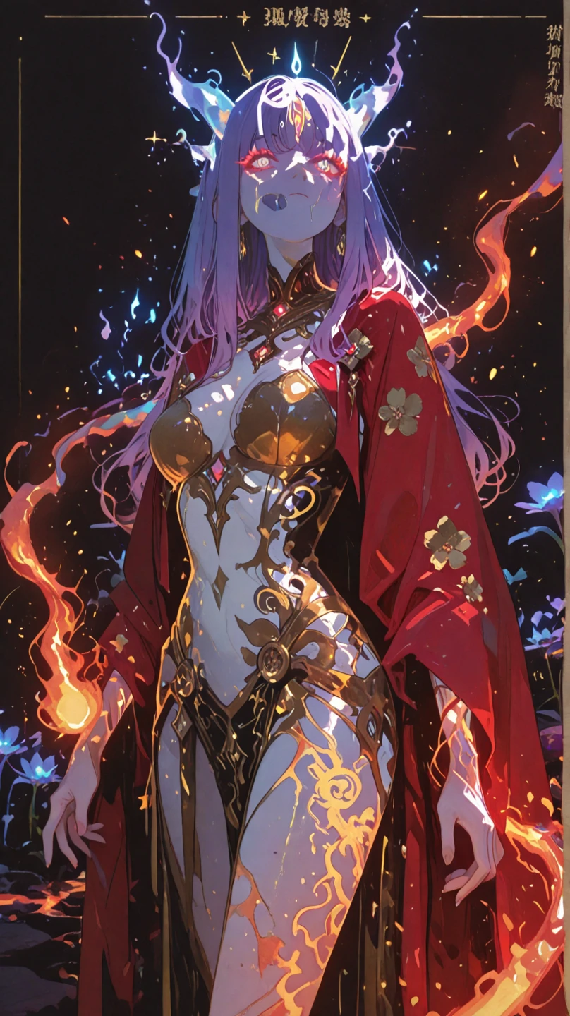 (masterpiece, top quality, best quality, official art, beautiful and aesthetic:1.2), Extreme detailed, 2 Sexy Demon, 1 girl, large breasts, nipples, (very long horns:1.6), flames around, glowing body, sexy, sexy body, Colorful, Highest detailed, Cold light,  <lora:Aririrns-02:0.6>