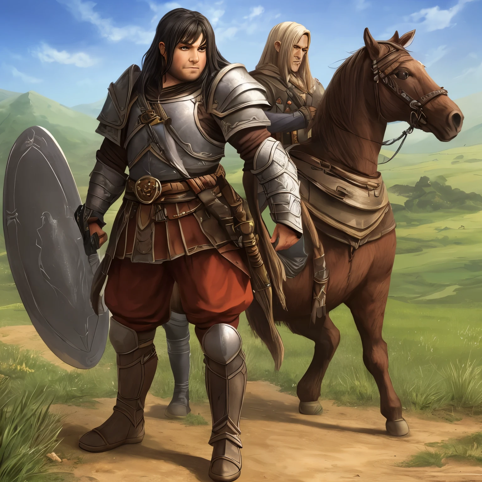 Nanarv: Dwarf Paladin, Bom. Nanarv is slender, with black hair and brown eyes. . He wears splint armor and wields a short sword and shield. Nanarv has an animal companion, a white warhorse called Alis.