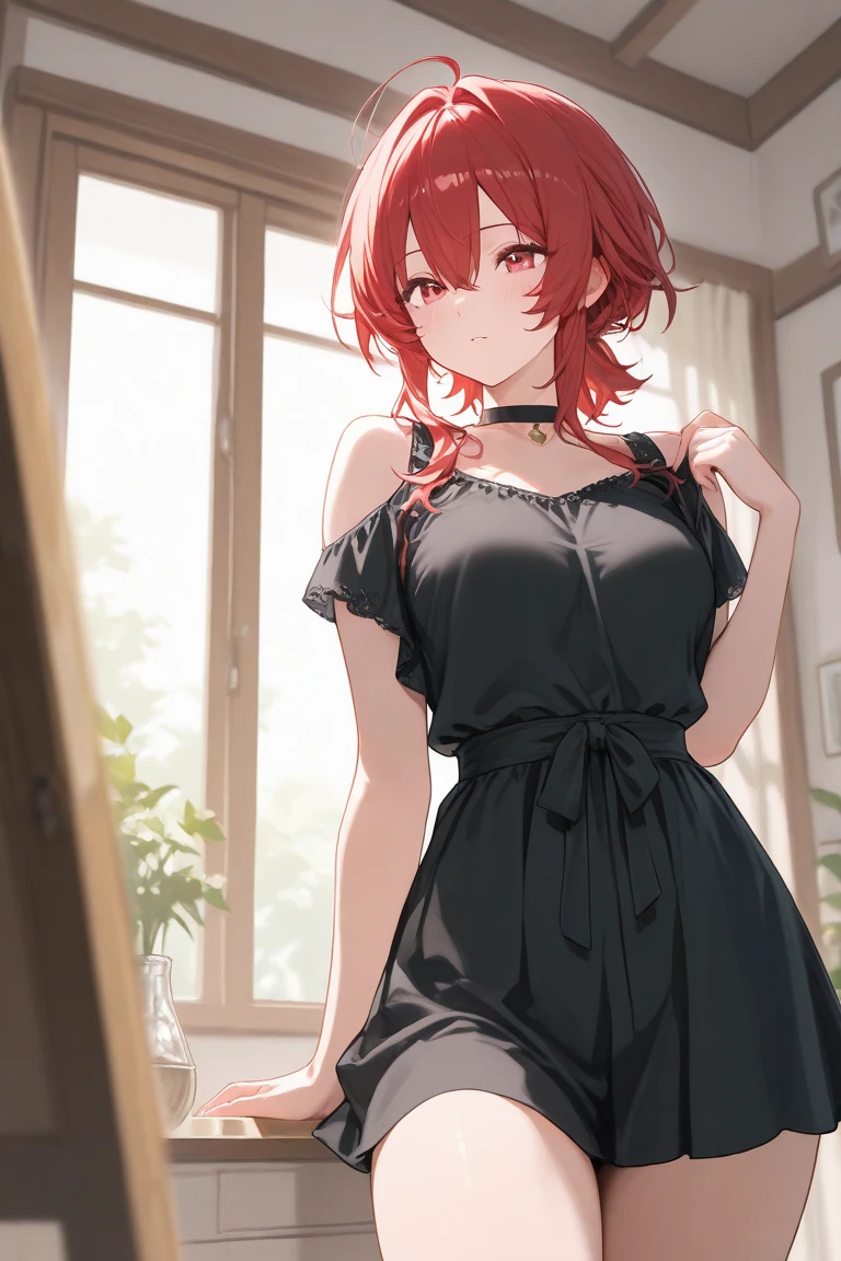 (masterpiece, best quality), 1girl, red hair, medium chest, gothic frill dress, pervert face,