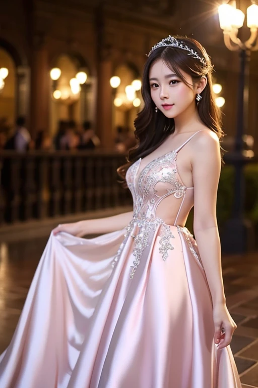 Tabletop, Highest quality, figure, Super detailed, In detail, High resolution, 8k wallpaper, Perfect dynamic composition, Beautiful attention to detail, Browsing Caution, whole body, Random sexy poses, (Light brown hair), Blunt bangs, Wavy Hair, (((Ridiculously long hair))), (((Beautiful and voluminous breasts))), (Realistic Skin), Natural color lip, (The best smile), (Princess), Beautiful 17 year old girl with a voluptuous body, (Sexy pink and light purple see-through long dress with delicate and beautiful embellishments:1.5), (The Great Hall in the background of a magnificent palace:1.2), (Bonfire), Earrings, meanwhile, bracelet, tiara