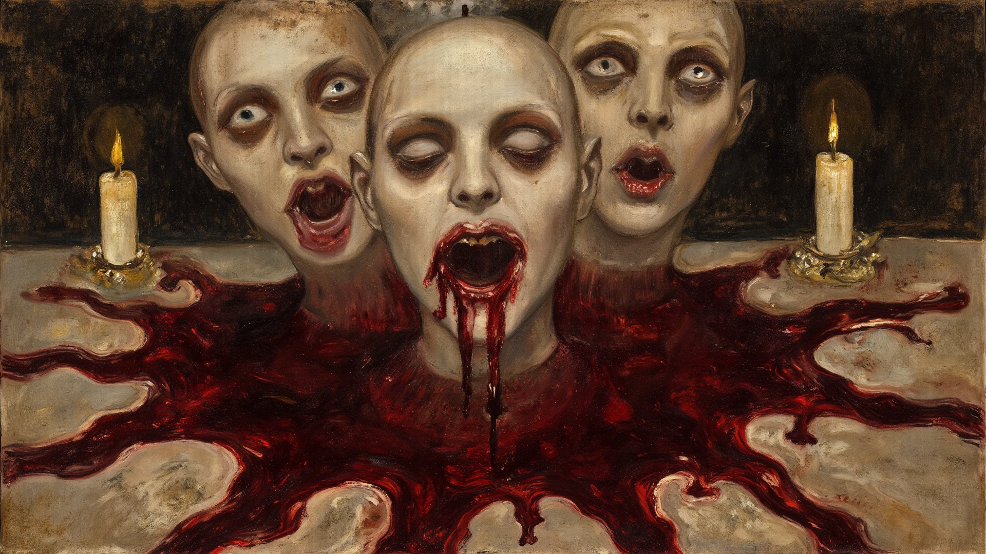 (best quality,realistic,photorealistic:1.37),ultra-detailed,2girls,blood-covered mouths,passionate kiss,red lighting,horror,dark atmosphere,macabre,haunting,emotional intensity,dripping blood,pale skin,wet hair,tangled locks,sinister expressions,tight embrace,romantic,thick,visceral,????,gruesome embrace,dramatic,artistic,gothic,vivid colors,contrast,dark shadows,fierce love,sensual,provocative,obscure,violent passion,forbidden love,tragic beauty,eye contact,bloody affair, oil painting, kissing, naked, holding eachother