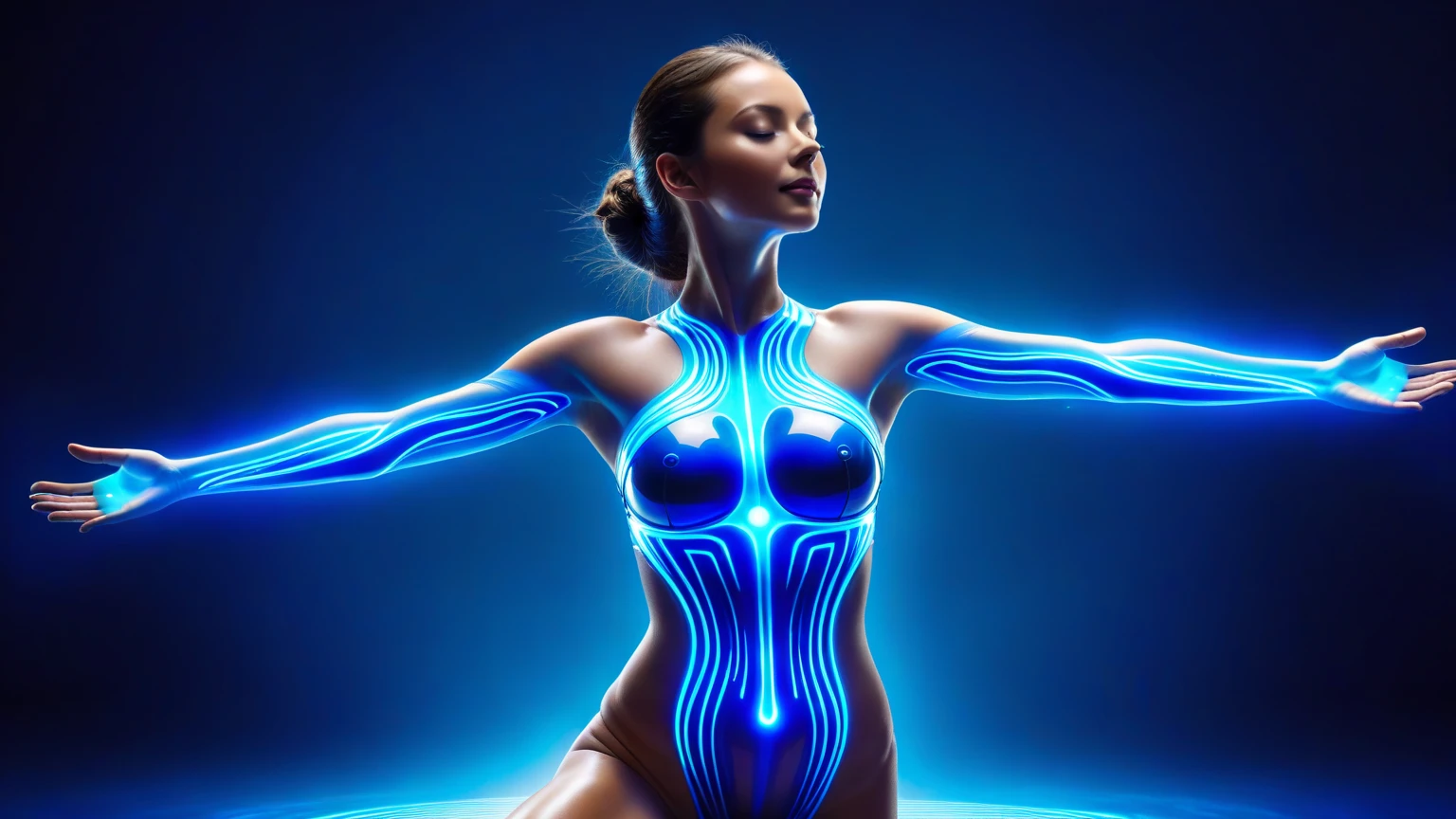 Half Body. high quality, 8K Ultra HD,woman,The whole body is surrounded by a series of blue binary codes, Curved lines and patterns, Weaving together,Creating a fusion of technology and art, Background with binary code, Hues range from electric blue to bright green, Most popular。