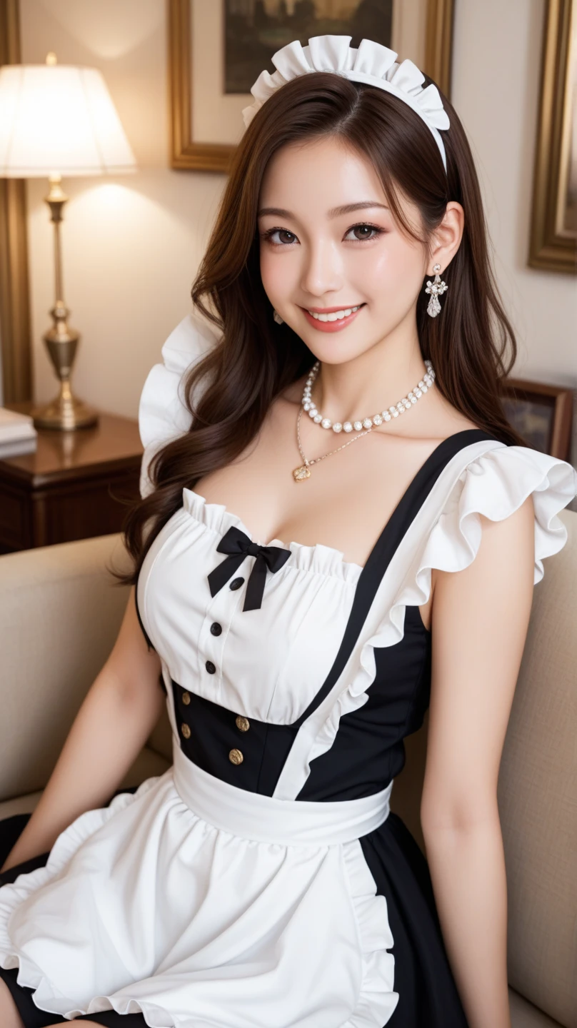 (highest quality、masterpiece、8K、best image quality、hyper realism、Award-winning work)、One maid、(Gorgeous Victorian Black and White Classic Maid Dress:1.2)、(Classic black and white maid outfit with a long frilly skirt:1.2)、(Gorgeous black and white maid dress with intricate details:1.2)、(Standing in the lobby of the most elegant and luxurious luxury hotel:1.1)、blurred background、the best smile when you look at me、upper body photo、accurate anatomy、(Super bright and radiant skin:1.1)、(Very bright and shining lobby:1.1)、cleavage、(very big breasts:1.1)、(emphasize body line:1.1)、(glamorous body:1.1)、natural makeup、Ultra high definition glossy skin、Super high-definition glowing beautiful skin、ultra high resolution glossy lips、Super high definition beautiful teeth、perfect teeth alignment、(height: 140cm:1.1)、(very short:1.1)