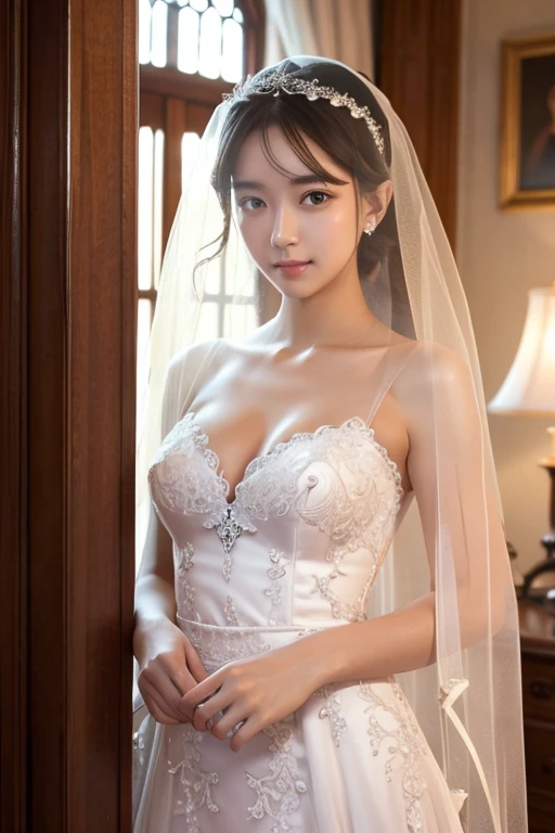 Works of masters,Top image quality,best qualityer,Higher quality,lamplight,Background bokeh,sportrait,first person perspective,femele,younger female,the bride,Asian people,Crystal fair skin,Long eyelashes,Watery eyes,Delicate and beautiful double eyelids,Red lips,Perfect lip shape,ssmile,Toothy smile,curlies,staredown,Delicate collarbones,lay on back,White lace wedding dress,Homely bed,Bright indoor