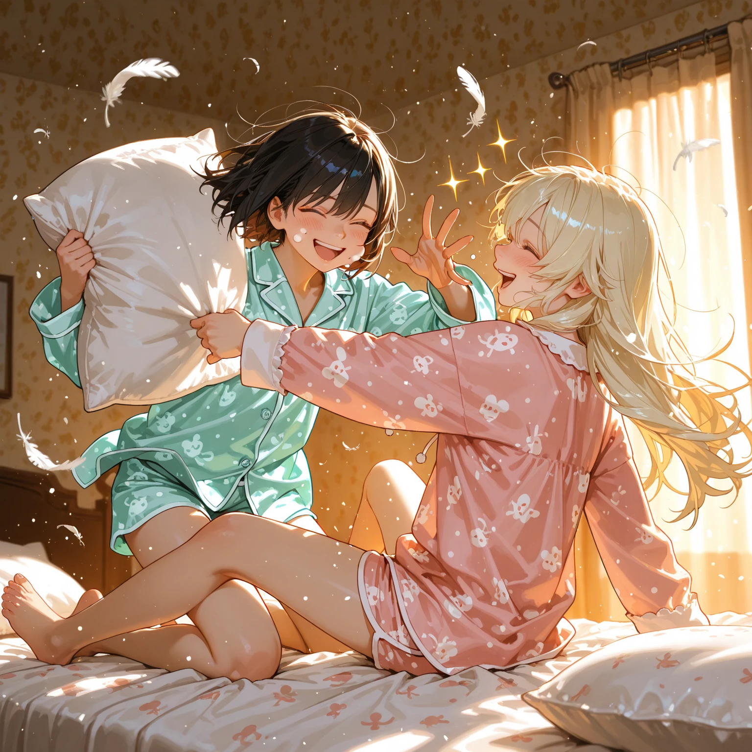 man and woman, pillow fight, couple hitting each other with pillows, playful fight, laughing, soft sleepwear, pajamas, girl wearing loose htgown, boy wearing short pants, feathers flying in the air, pillow in mid swing, bedroom, bed sheets messy, warm lighting, movement blur, flushed cheeks, smiling faces, hair flying, playful energy, fun couple moment
--ar 16:9 --v 6 --realistic anime style --q 2 --hd