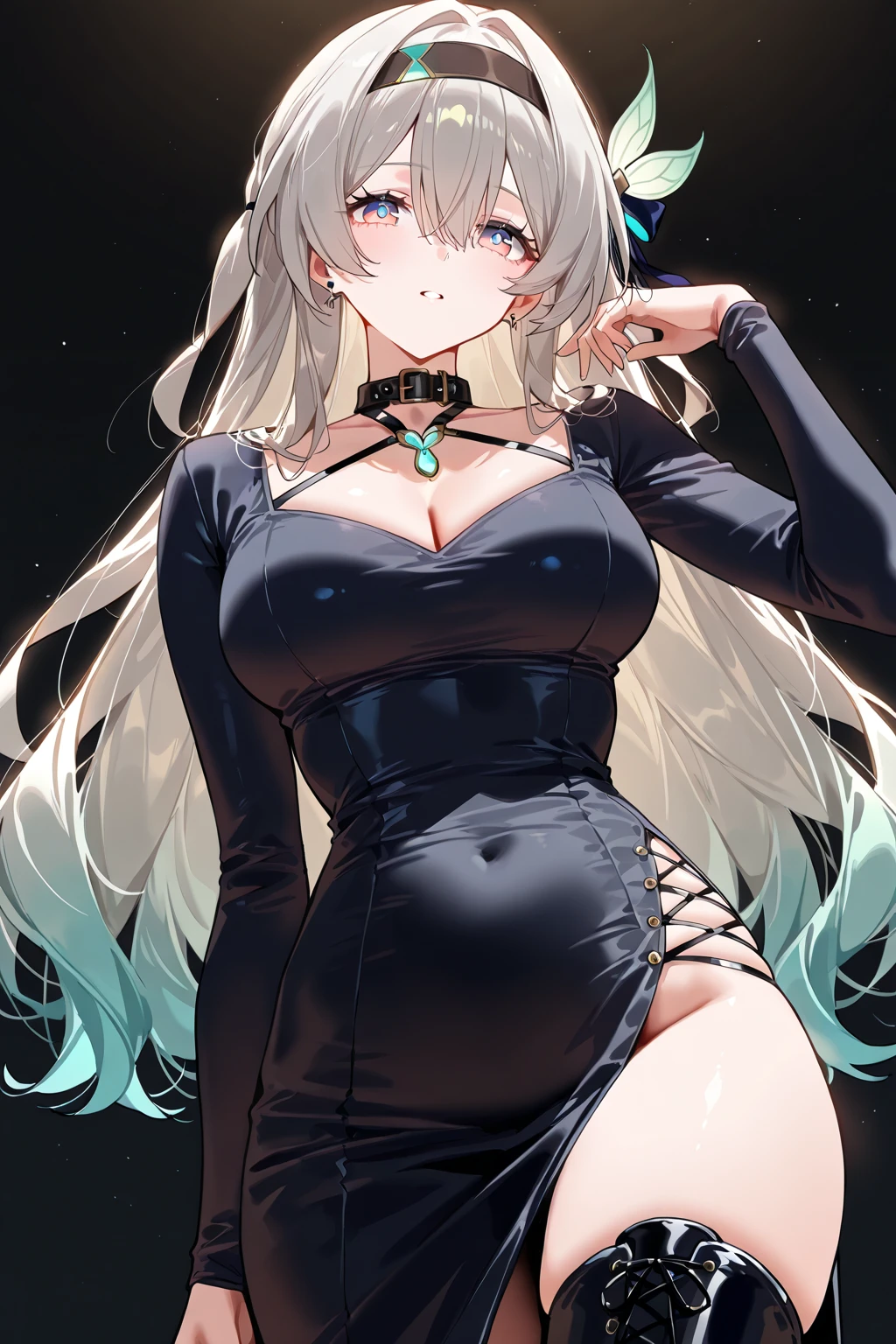 (High resolution)),((Game CG)),(masterpiece),(highest quality), (Very detailed),shape,((Very delicate and beautiful)), , Very embarrassed look,Looking at the audience,(((18-year-old female)),((whole body)),Detailed face and eyes,Jewel-like eyes,(Loosely braided long hair),,,(Super huge breasts,Long and slightly saggy breasts,very big nipples) Silver hair and black eyes Plump body Rubber suit, mini skirt, fishnet stockings, fishnet chest