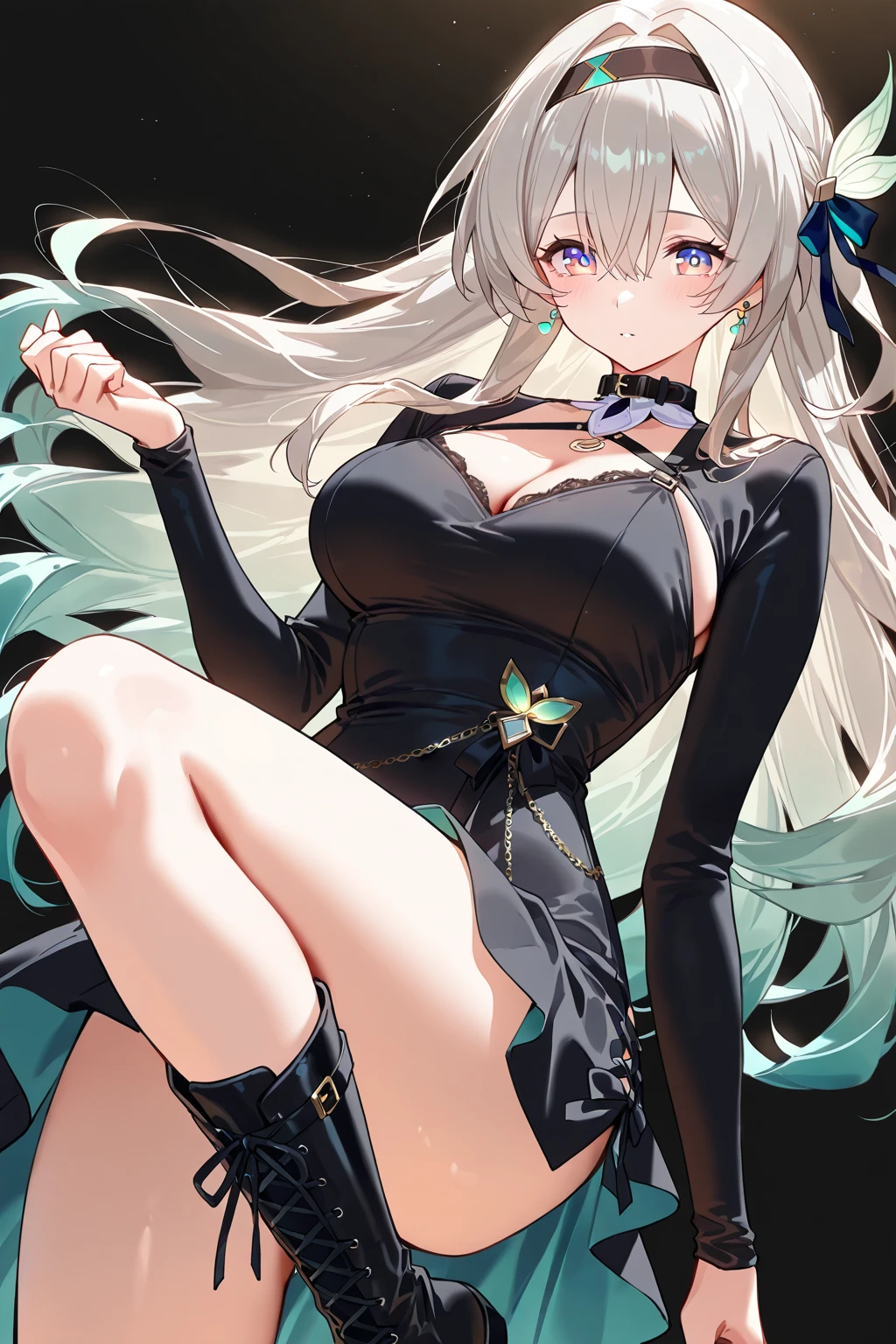 1girl, Shiroko Terror (Blue Archive), masterpiece, best quality, woman, excited, neutral, standing, looking at viewer, long hair, ahoge, silver hair, blue eyes, tsurime, pale skin, beautiful breasts, voluptuous, underwear, blush, with wolf ears, white background, no background, hard-edged, cowboy shot, dynamic angle, from above, dutch angle shot, golden ratio
