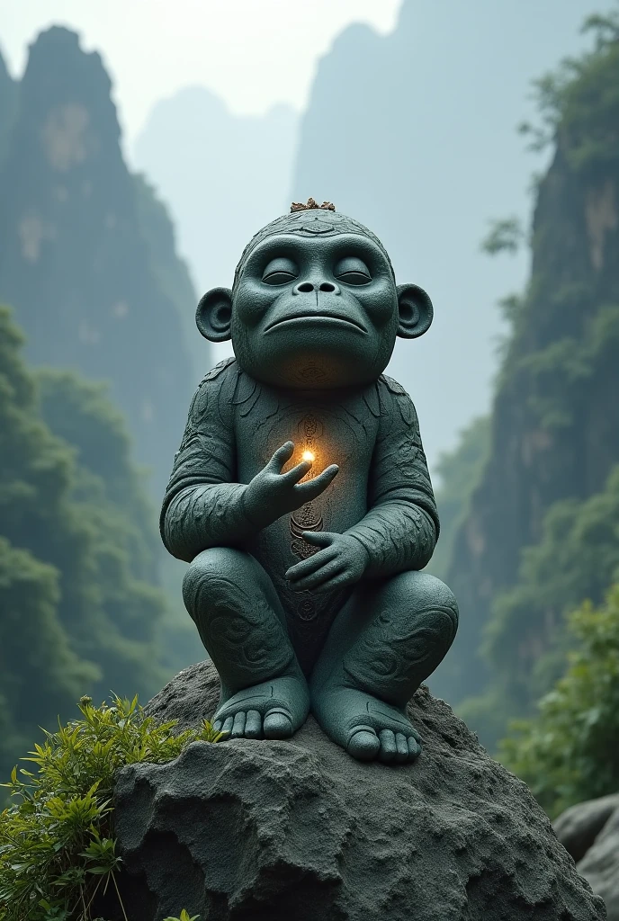 Buddhist chimpanzee in the midst of dense foliage, only the head appearing,, ((meditating)), heavenly, at peace, depth of field, cinematic,,,((masterpiece))