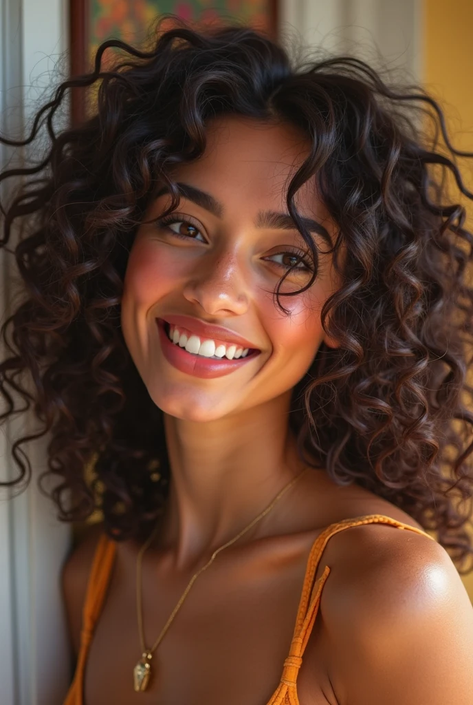 gorgeous young curly woman, Brazilian type, sexy fun smile, high contrast colors, wildflowers, fluid dark pattern painting background, black white background, sunlight, street photography, 4k, professional lens.