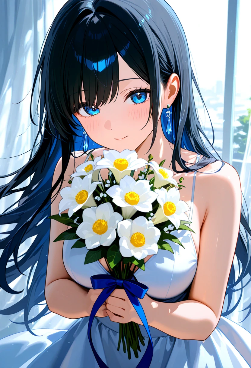 (Blue bouquet、A girl with dark blue hair、Evening Dresses、High knot ponytail、Happy smile)、(Simple Background、White background:1.6)