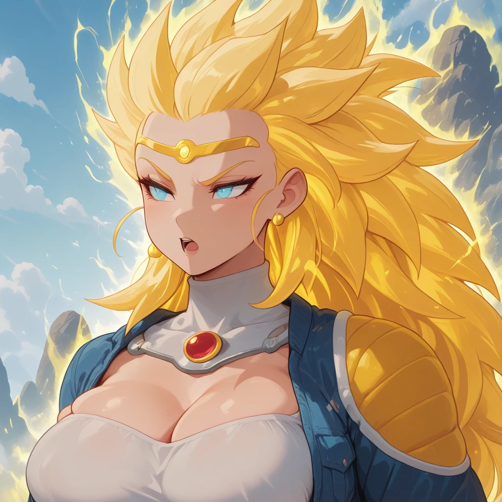 Beautiful busty girl with huge breasts, tits, becoming a super saiyan, in the sky