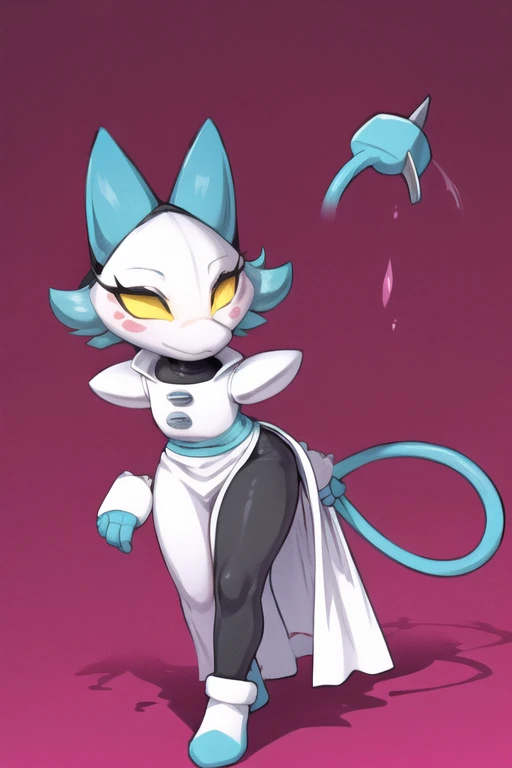 furry, best quality, tasquemanager, robot, nude, white mask, detatched hands, one open hand, tail, simple background,