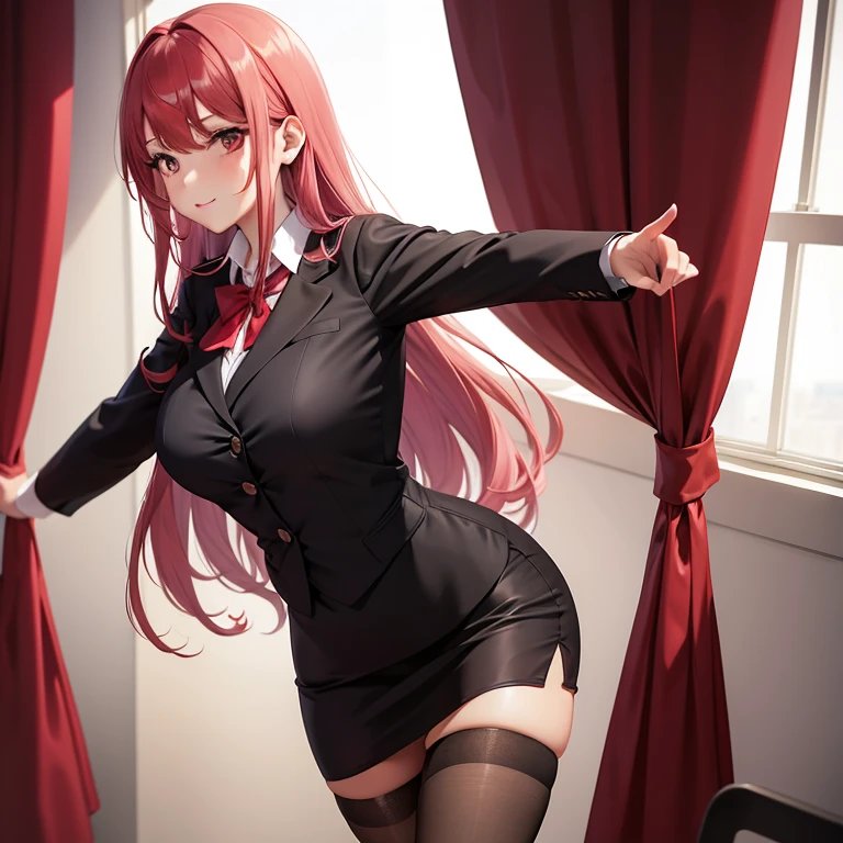 UHD, 4k, ultra detailed, cinematic, a photograph of <lora:Hiroko Takashiro:1>
Low angle from below,Hiroko Takashiro a woman in a short skirt and a tie,1girl,solo,long hair,breasts,open mouth,skirt,large breasts,simple background,thighhighs,underwear,school uniform,purple eyes,panties,ponytail,red hair,pleated skirt,necktie,black thighhighs,white panties,pantyshot,from below ,red hair, long choppy hair, purple_eyes, eroge,anime,manga,nsfw,cartoon,Adult animation,explicit,Original video animation, Baiburu Burakku style, Bible Black style, school girl outfit, epic, beautiful lighting, inpsiring