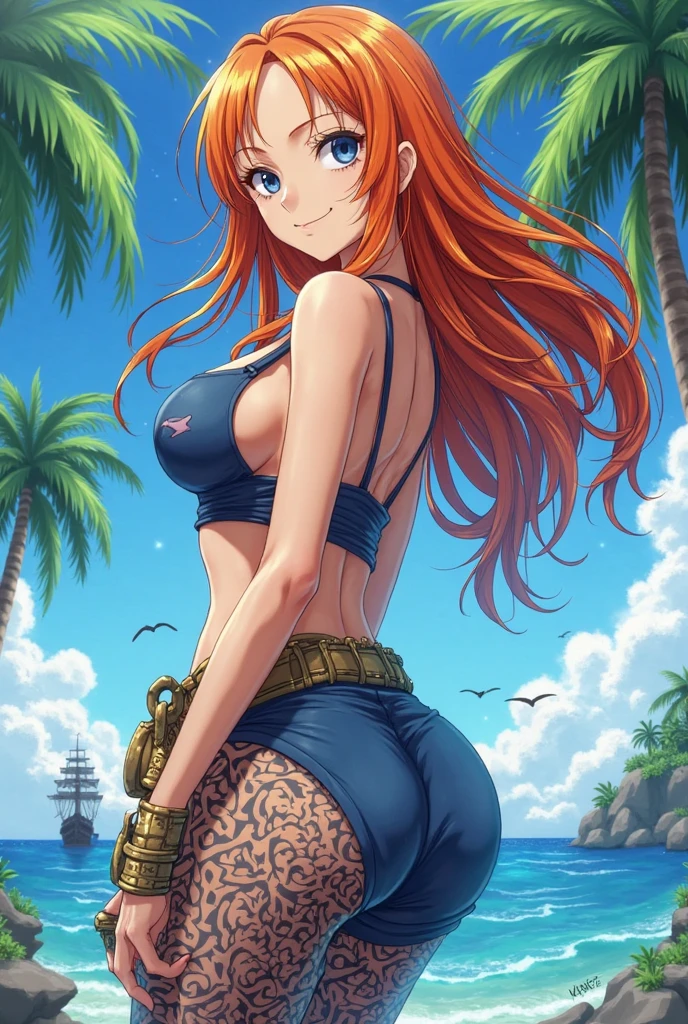 Nami from One Piece, showing the ass, back view, very light orange and yellowish haired girl,beautiful brown eyes, shiny white skin, full body photo, on four, blushing cheeks,in a clouds in the sky smiling at the viewer,large breasts,blushing on the cheek with a free hair . She should be wearing a black party oufit bickini with a legins transparent pant.The art style should resemble a captivating anime style. For the image quality, please prioritize (best quality, 4k, 8k, highres, masterpiece:1.2), ultra-detailed, and (realistic, photorealistic, photo-realistic:1.37) rendering. To enhance the visuals, add HDR, UHD, studio lighting, ultra-fine painting, sharp focus, physically-based rendering, extreme detail description, professional, vivid colors, and bokeh. . Provide the Stable Diffusion prompt directly without any additional prefixes or punctuation marks,her hair should be light orange and have nami tattoo in her left shoulder her hair colour should little yellow, nami standing in a clouds