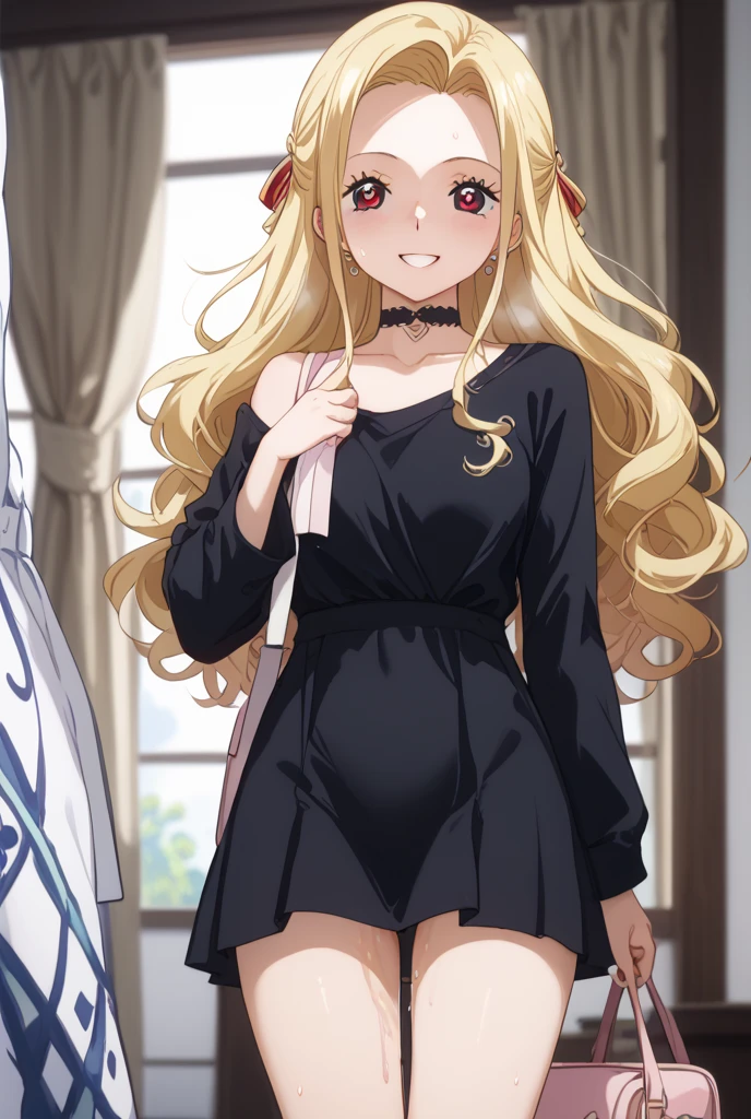 1girl, alone, Miyako saitou,best quality, masterpiece, (mature female:1.1) 1girl, alone, miyako_saitou, long hair, earrings, jewelry, 1girl, black cardigan, white shirt, pencil skirt. , blush, light smile, closed mouth, cleavage, large breasts,pov (from above), looking at the viewer, embarrassed, seductive, smiling, mouth closed, large breasts, medium waist, wide hips, wide thighs, perfect anatomy, perfect hands