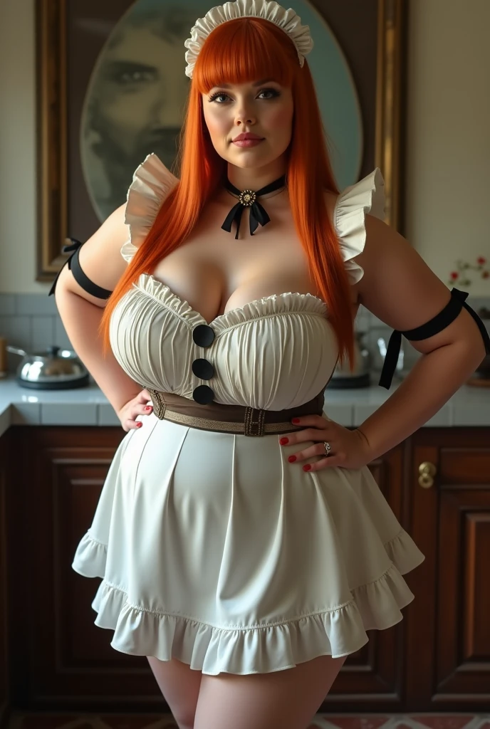 ((Full body photo of a woman dressed as a maid and an old man)). "She has red hair, green eyes, a maid's headdress on her head, very tight around her body, big breasts, "he is bald, strong body wearing, he is wearing teddy bear pajamas in blue, he is beside her with his hand on her waist" "She has a flushed face, heavy makeup on her face, red lipstick", both are in a hotel room in front of the room's exit, anime style, Pixar, 16k, highres, best quality, award winning, textured skin, UHD, masterpiece, retina, anatomically correct