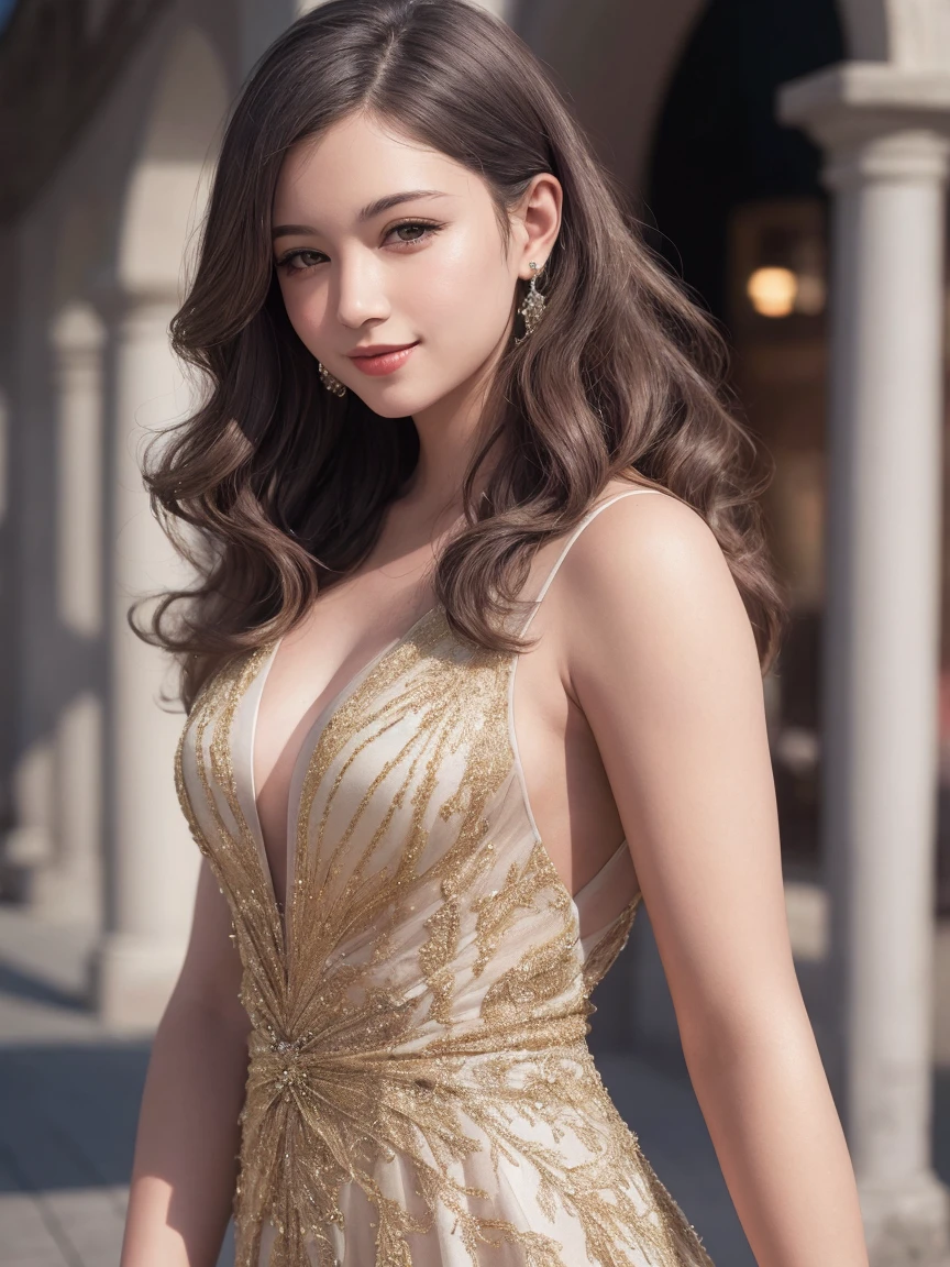 A high-end fashion show. The venue is an opulent ballroom with crystal chandeliers and ornate gold accents. Models strut down a runway adorned in luxurious fabrics, intricate beading, and bold colors. In this scene, the woman wears a stunning red gown that hugs her curves while still allowing for easy movement. Her hair is styled in an elegant updo with tendrils framing her face, giving off an air of sophistication as she observes the latest fashion trends from the front row.<lora:å¦è³:1> å¯ã